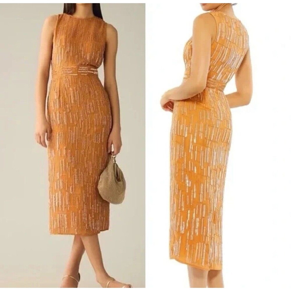 Mac Duggal 70264 Midi Dress Orange Sequined Beaded Sleeveless Sheath Size 2